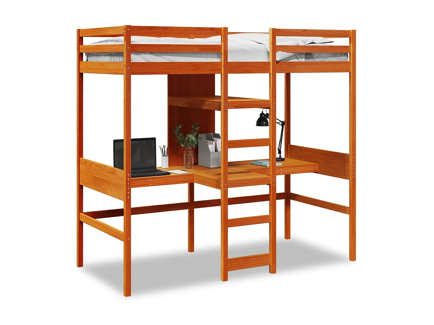Hochbett mit Schreibtisch & Ablagen Braun 90x200 cm Kiefernholz