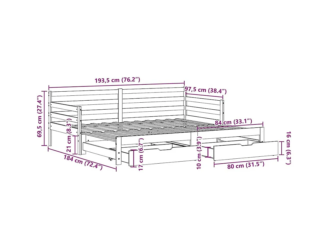 Lit de jour avec gigogne et tiroirs sans matelas blanc 90x190cm