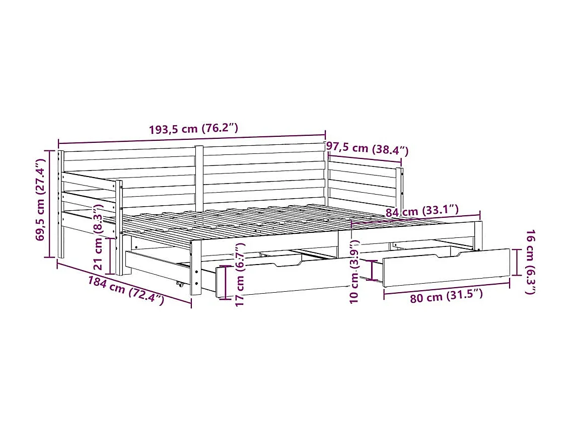 Sofá-cama com gavetão e gavetas sem colchão 90x190 cm branco