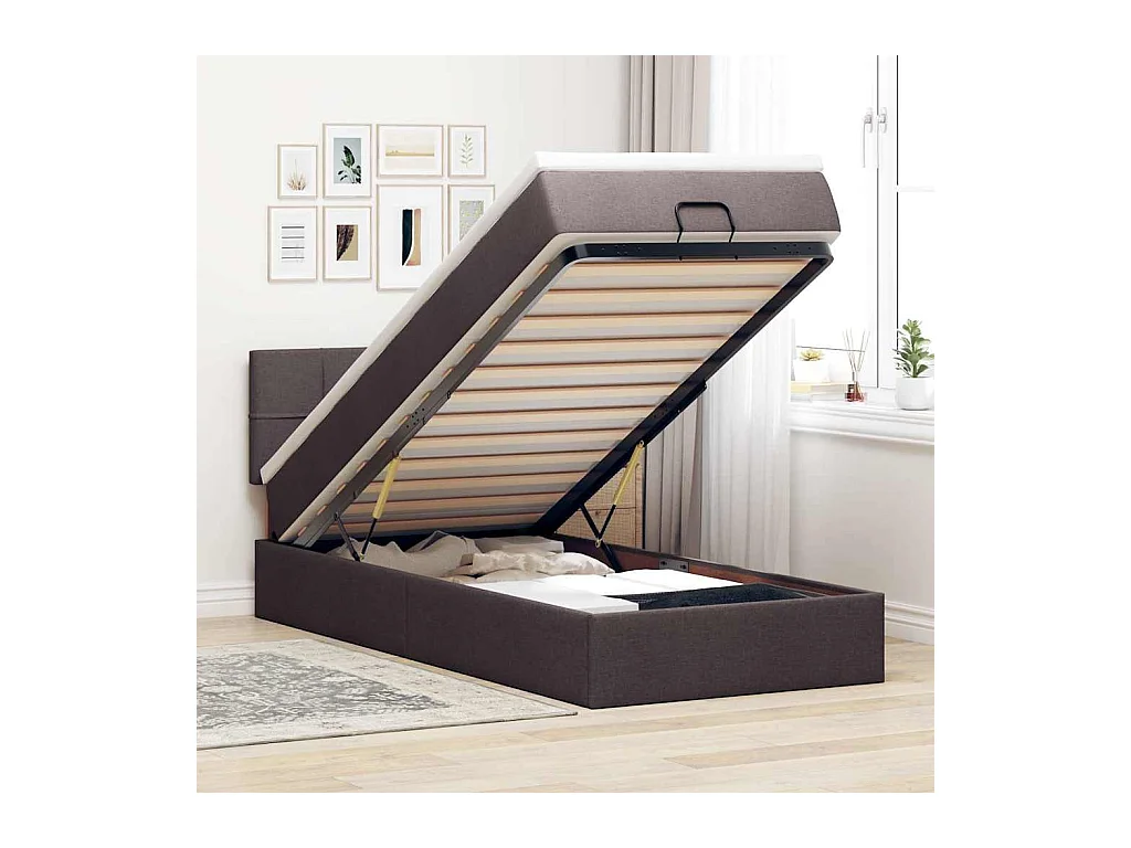 Lit ottoman avec matelas et LED marron foncé 90x200 cm tissu