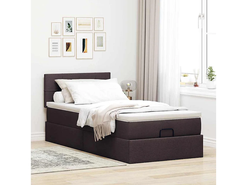 Lit ottoman avec matelas et LED marron foncé 90x200 cm tissu