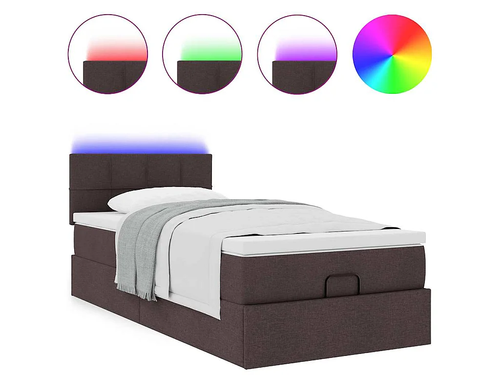 Lit ottoman avec matelas et LED marron foncé 90x200 cm tissu