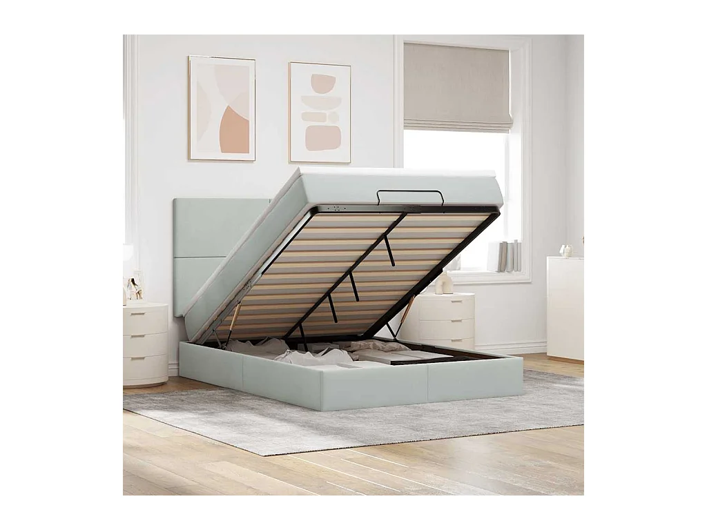 Cadre de lit ottoman avec matelas gris clair 140x200 cm velours