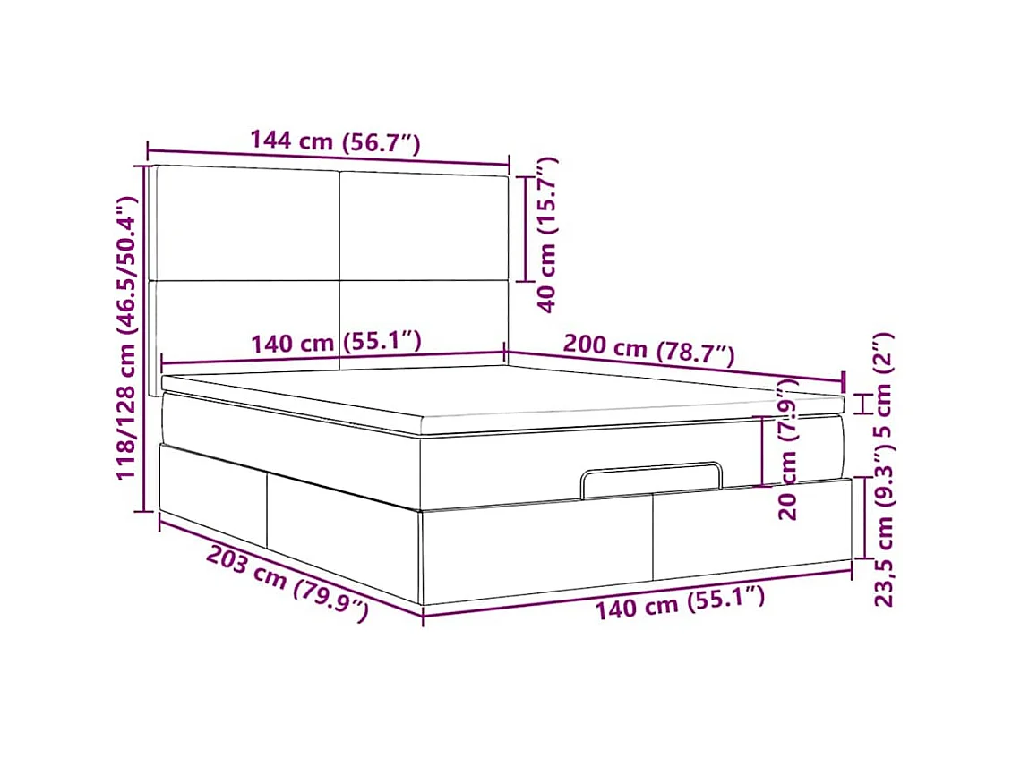 Cadre de lit ottoman avec matelas gris clair 140x200 cm velours