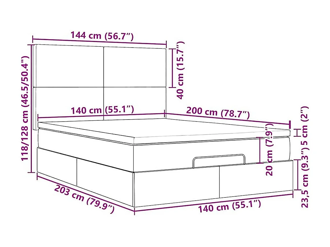 Estrutura cama otomana colchões 140x200cm veludo cinzento claro