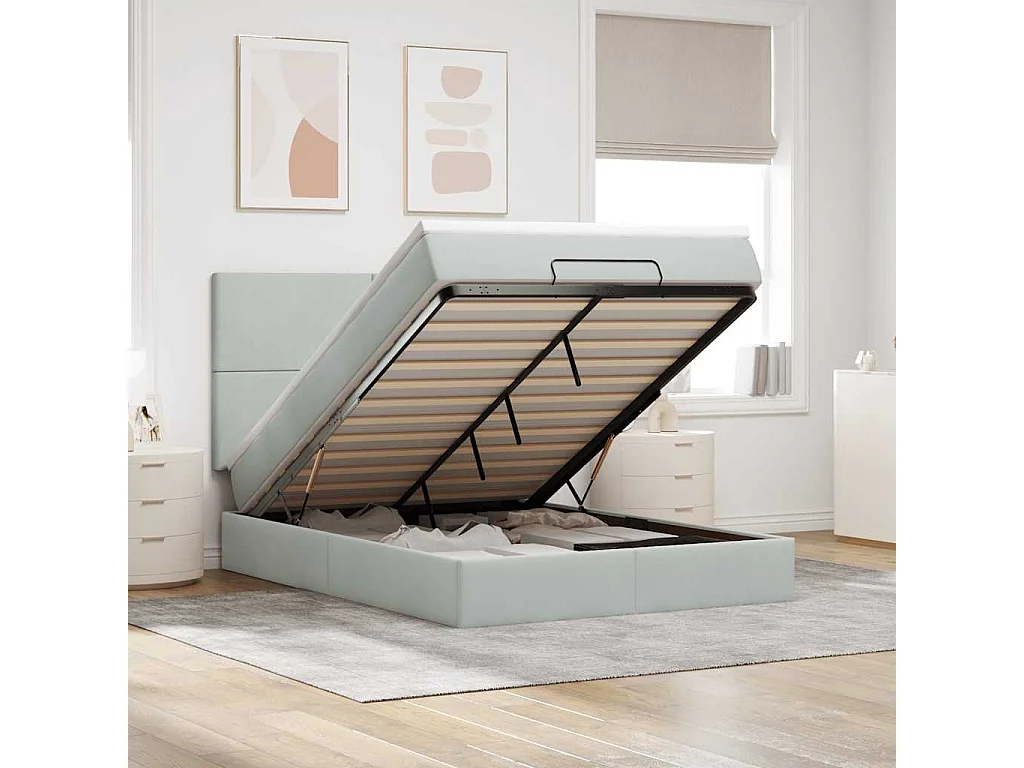 Estrutura cama otomana colchões 140x200cm veludo cinzento claro
