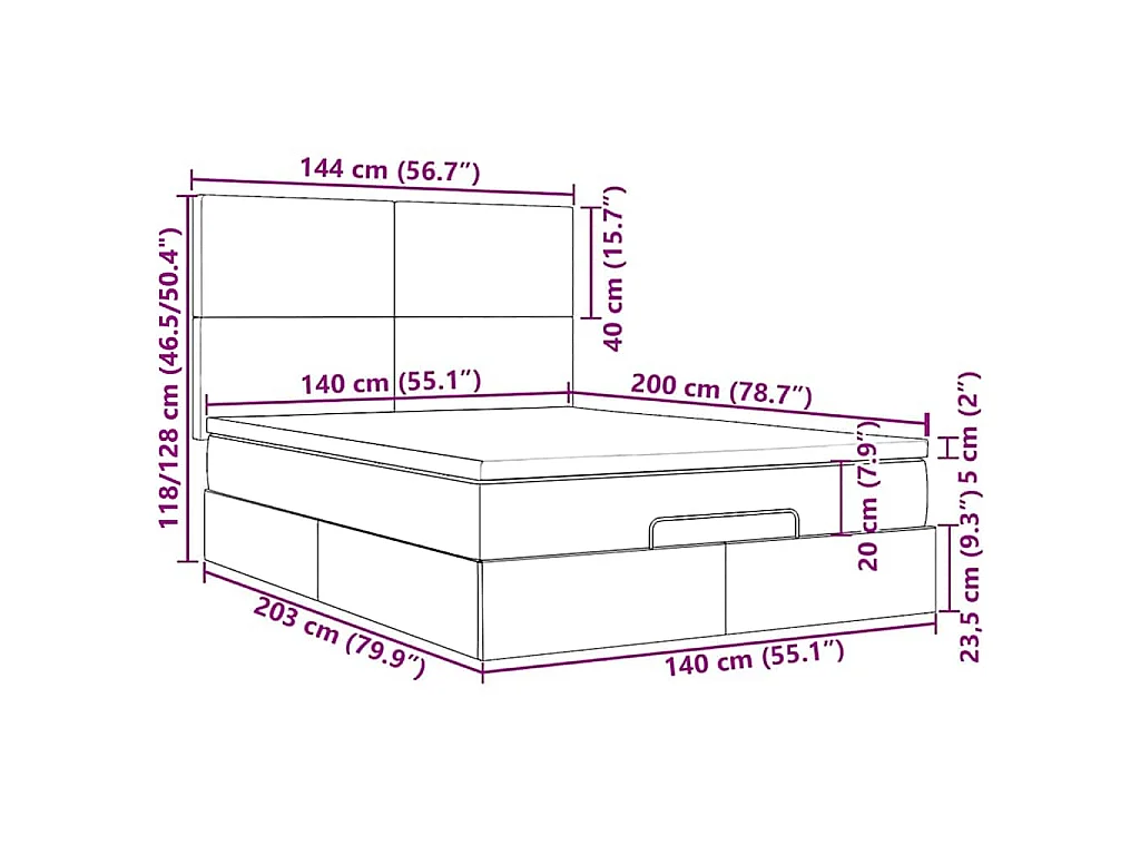 Estrutura cama otomana colchões 140x200cm veludo cinzento claro