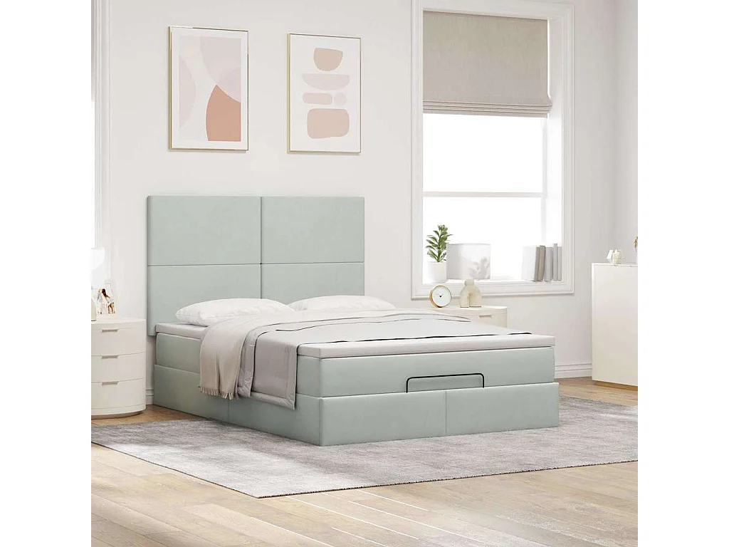 Estrutura cama otomana colchões 140x200cm veludo cinzento claro