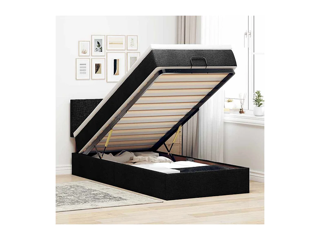 Struttura Letto Pouf con Materasso Nero 90x190 cm in Tessuto