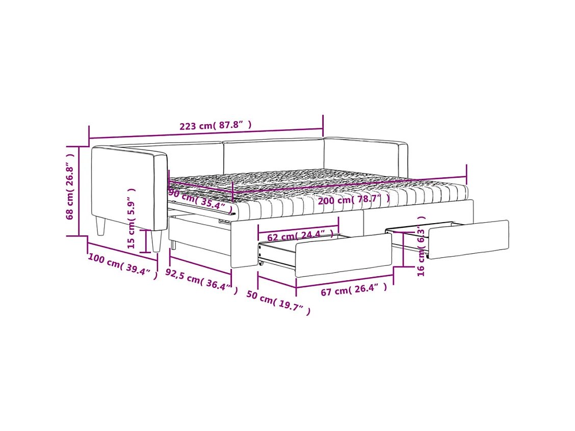 Lit de jour avec gigogne et tiroirs taupe 90x200 cm tissu