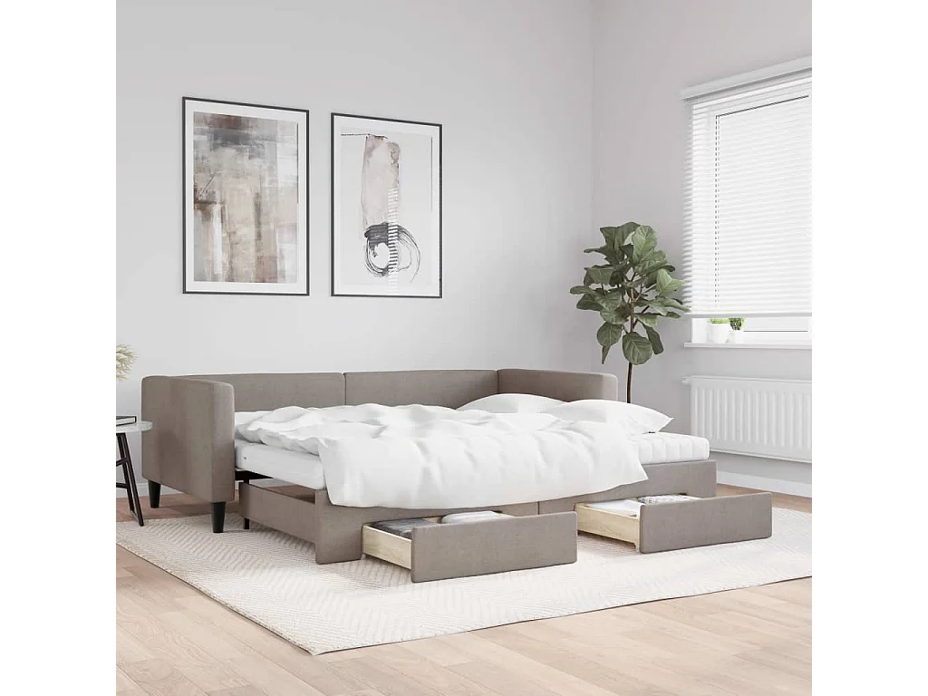 Slaapbank met onderschuifbed en lades 90x200 cm stof taupe
