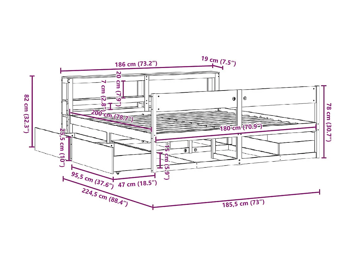Letto senza Materasso Marrone Cera 180x200 cm in Legno di Pino