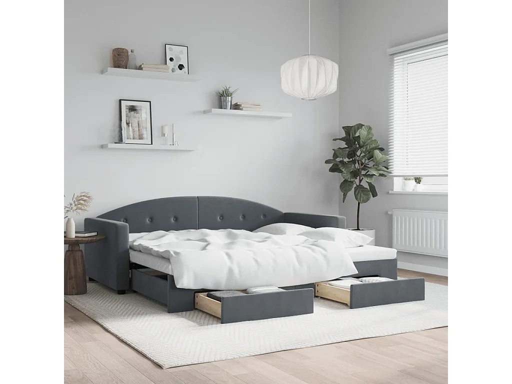 Divano Letto Estraibile Cassetti Grigio Scuro 90x200cm Velluto