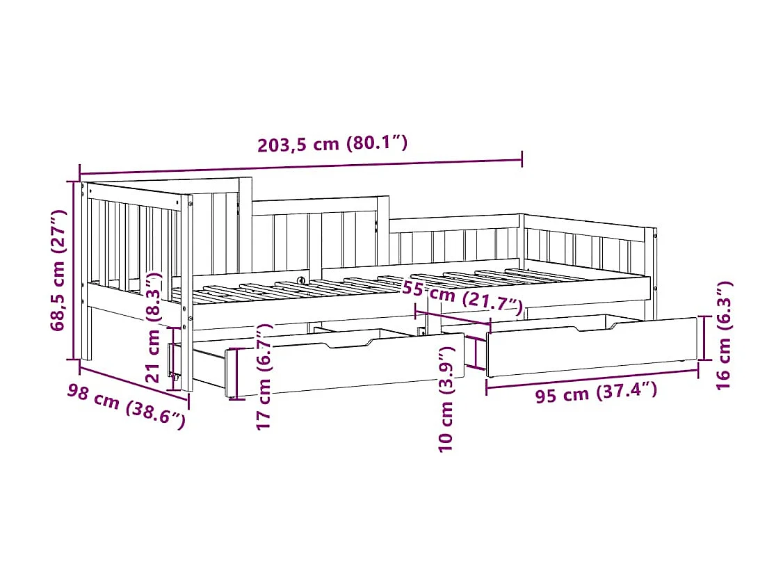 Slaapbank met lades 90x190 cm massief grenenhout