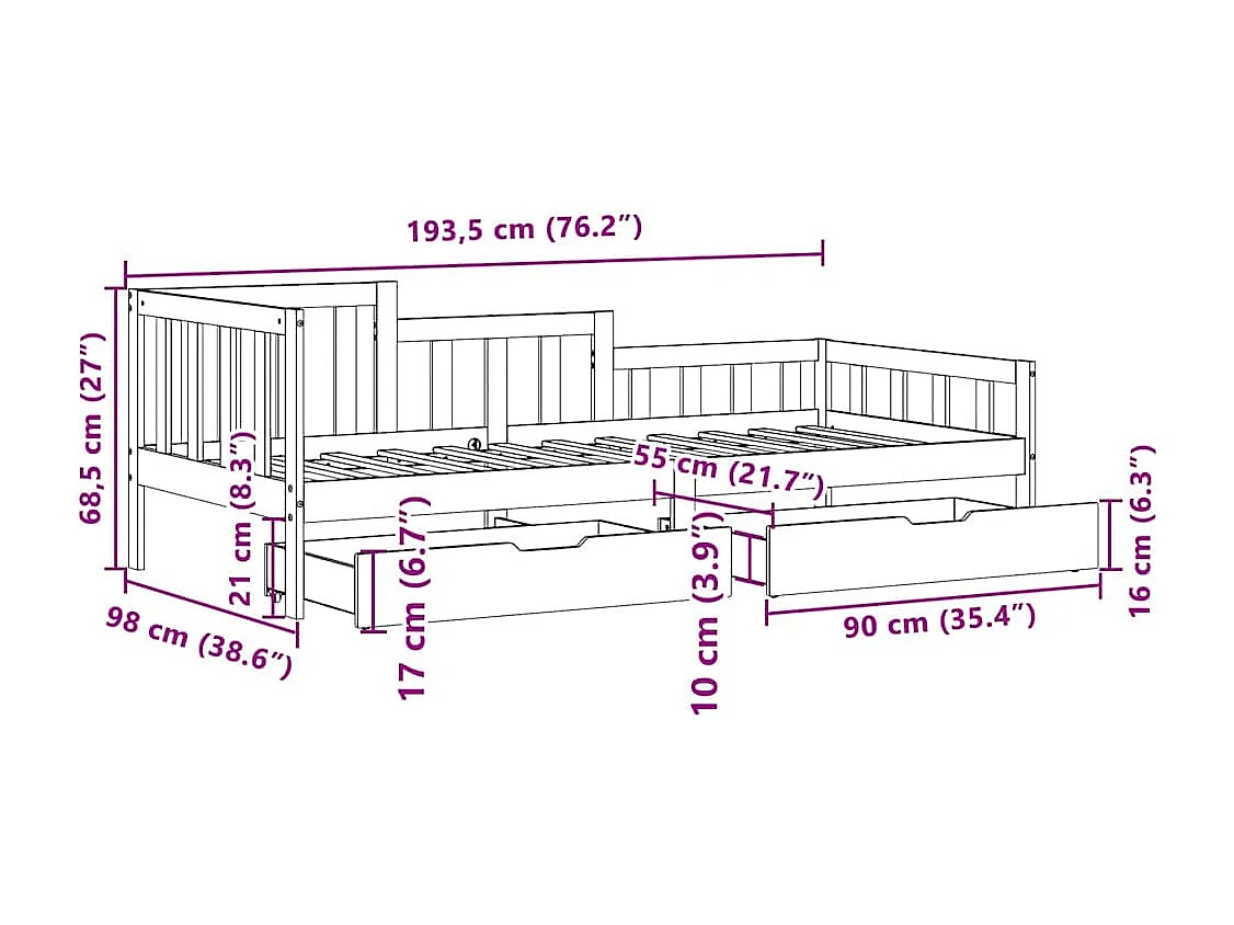 Slaapbank met lades 90x190 cm massief grenenhout wit