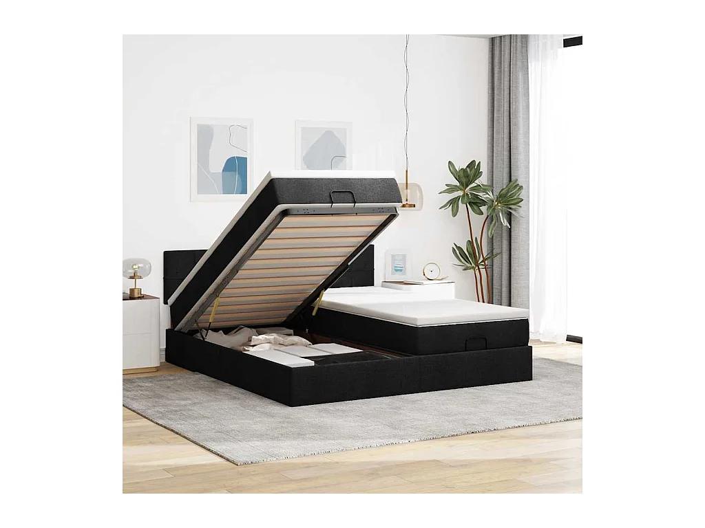 Cadre de lit ottoman avec matelas noir 180x200cm tissu