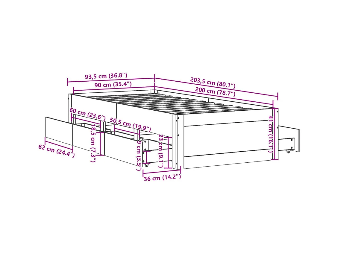 Cadre de lit sans matelas avec tiroirs 90x200cm bois pin massif