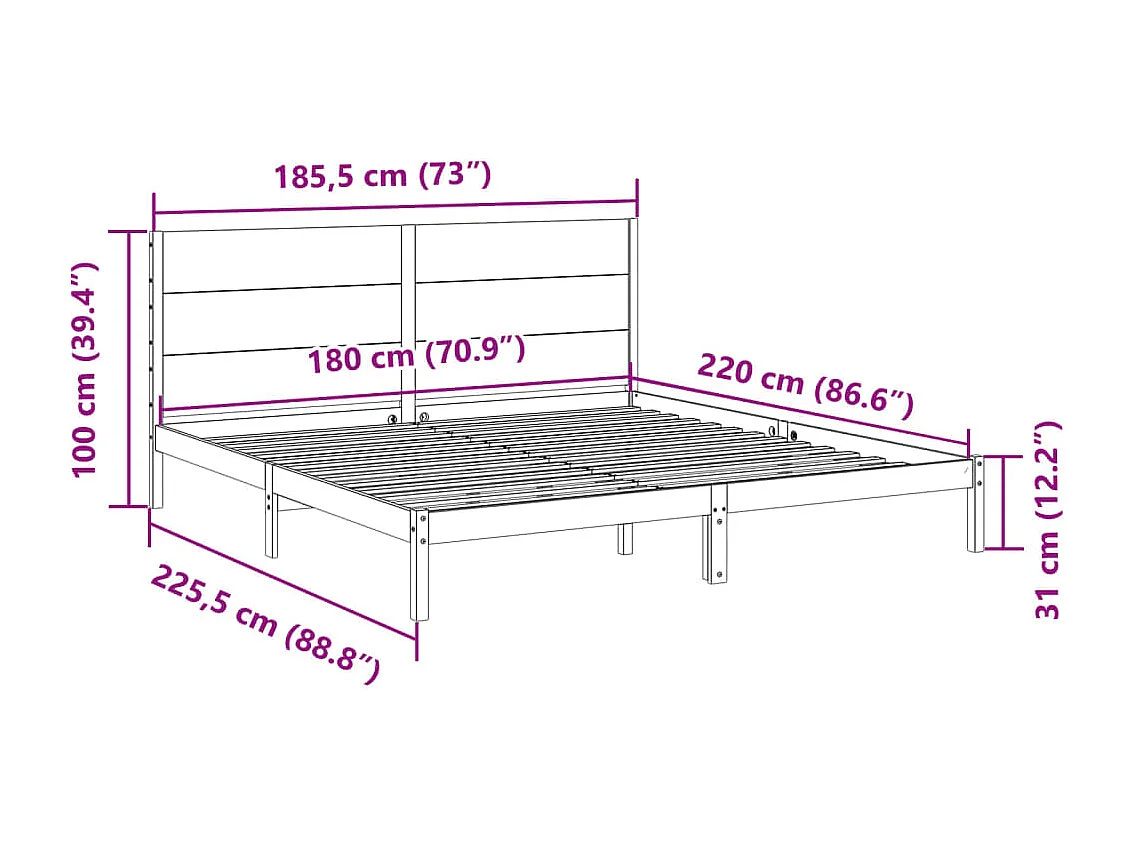 Cadre de lit extra long sans matelas 180x220 cm bois massif