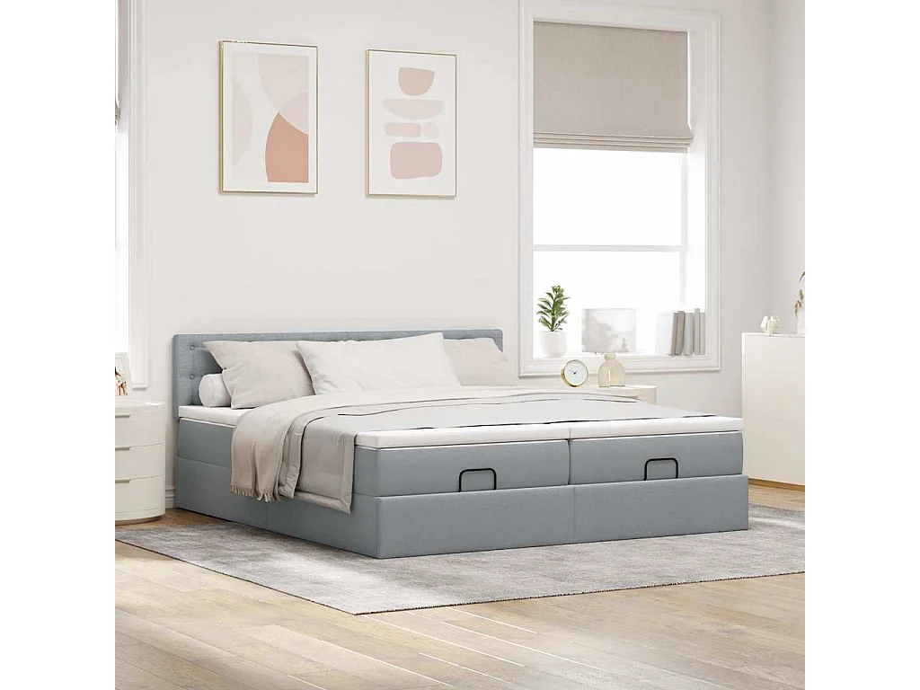 Cadre de lit ottoman et matelas gris clair 160x200cm tissu