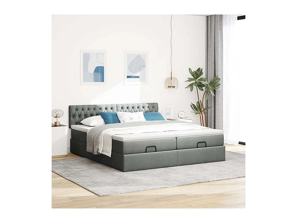 Estrutura de cama otomana com colchões tecido cinzento escuro