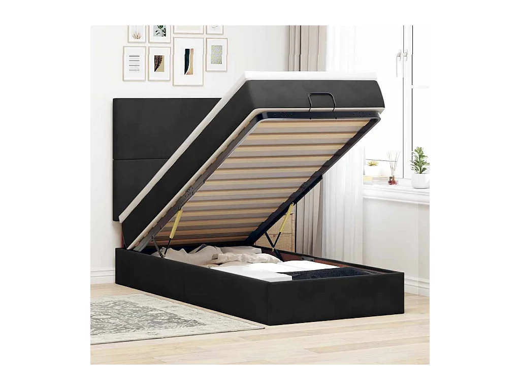 Cadre de lit ottoman avec matelas noir 90x200 cm velours