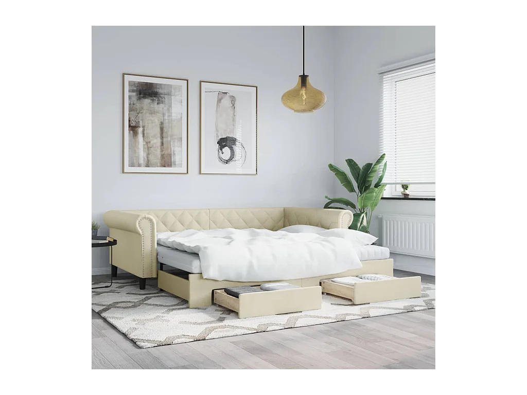 Lit de jour avec gigogne et tiroirs crème 90x200 cm similicuir