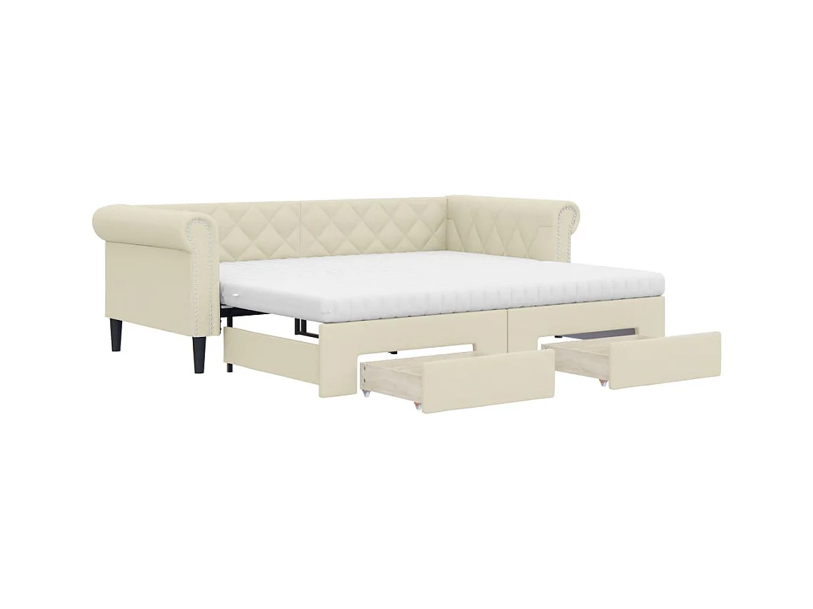 Lit de jour avec gigogne et tiroirs crème 90x200 cm similicuir