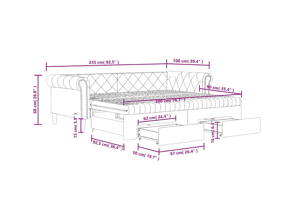 Lit de jour avec gigogne et tiroirs crème 90x200 cm similicuir
