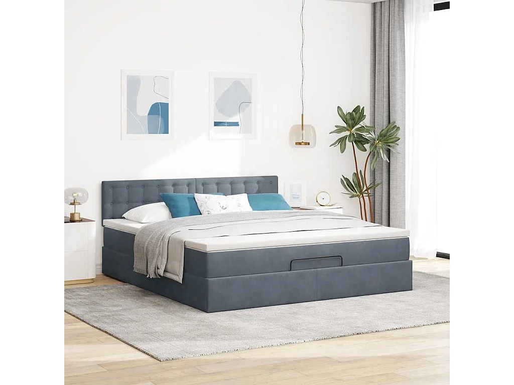 Cadre de lit ottoman avec matelas gris foncé 160x200 cm velours