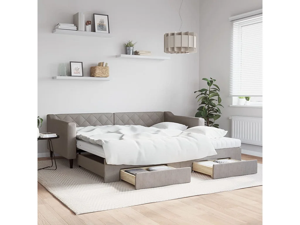 Lit de jour avec gigogne et tiroirs taupe 100x200 cm tissu