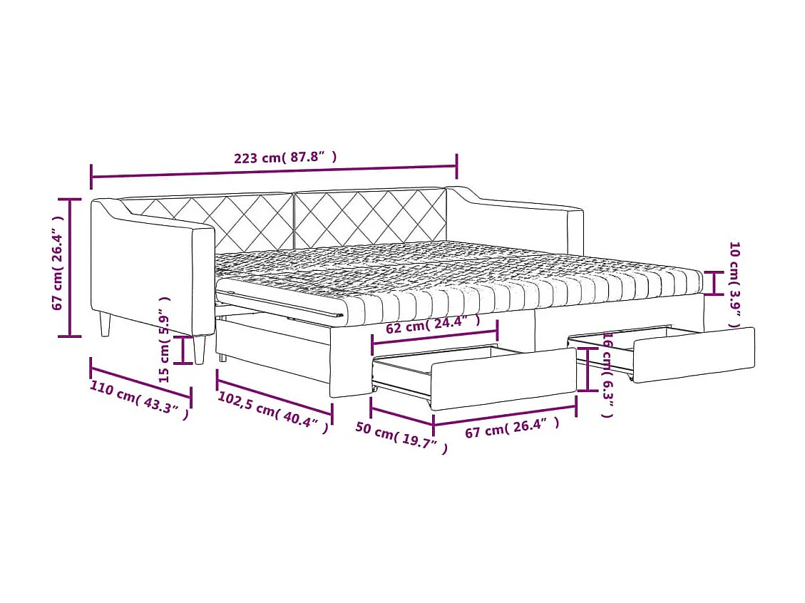 Lit de jour avec gigogne et tiroirs taupe 100x200 cm tissu