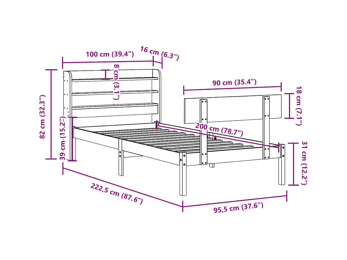 Cadre de lit sans matelas 90x200 cm bois de pin massif