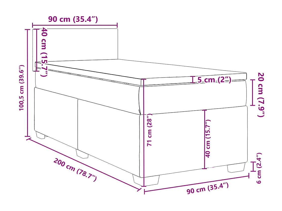 Cama box spring con colchón terciopelo negro 90x200 cm