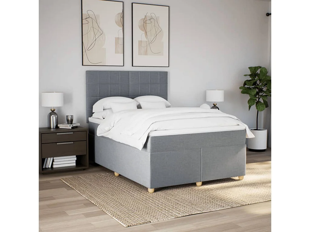 Cama box spring con colchón tela gris claro 140x200 cm
