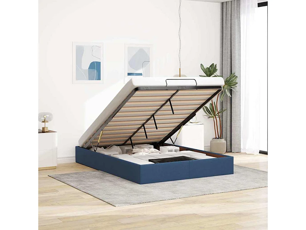 Cadre de lit ottoman sans matelas bleu 140x200 cm tissu