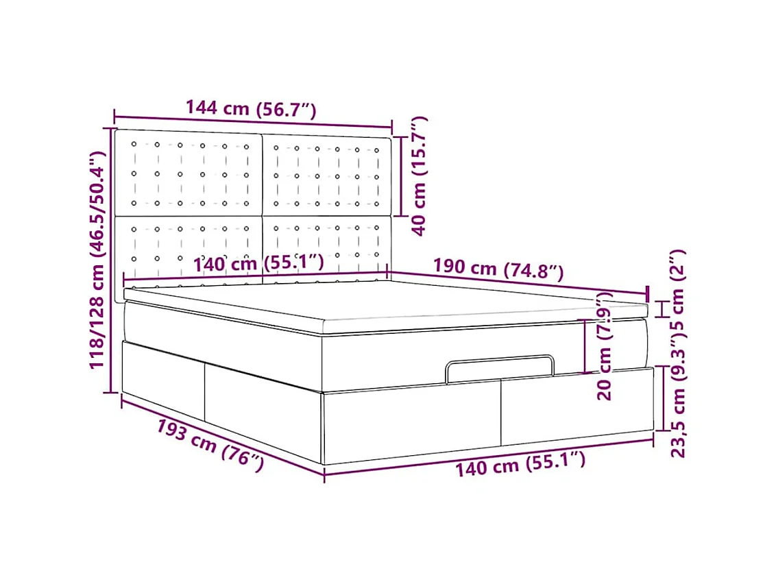 Cadre de lit ottoman et matelas gris clair 140x190 cm tissu