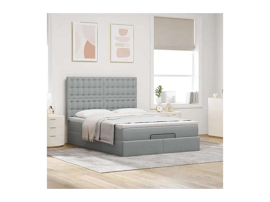 Cadre de lit ottoman et matelas gris clair 140x190 cm tissu