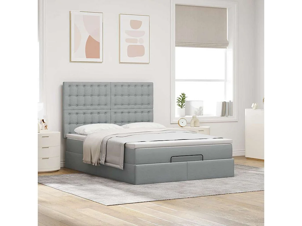 Ottoman-Bett mit Matratze & LEDs Hellgrau 140x190 cm Stoff