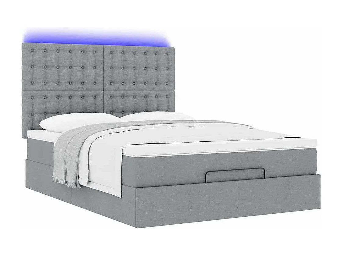 Ottoman-Bett mit Matratze & LEDs Hellgrau 140x190 cm Stoff