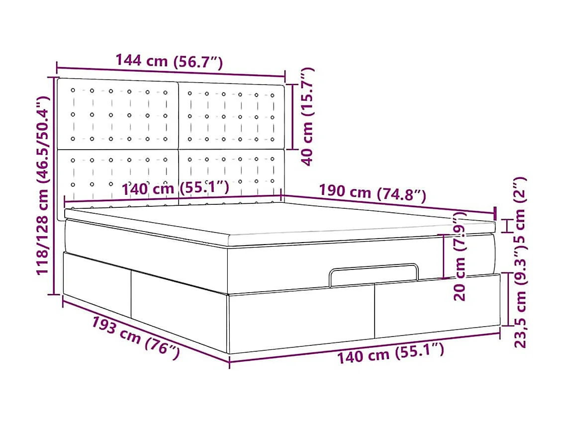 Estrutura de cama otomana com colchão 140x190 cm cinzento claro