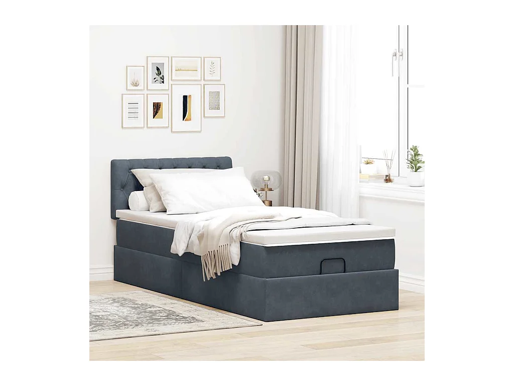 Cadre de lit ottoman et matelas gris foncé 90x200 cm velours