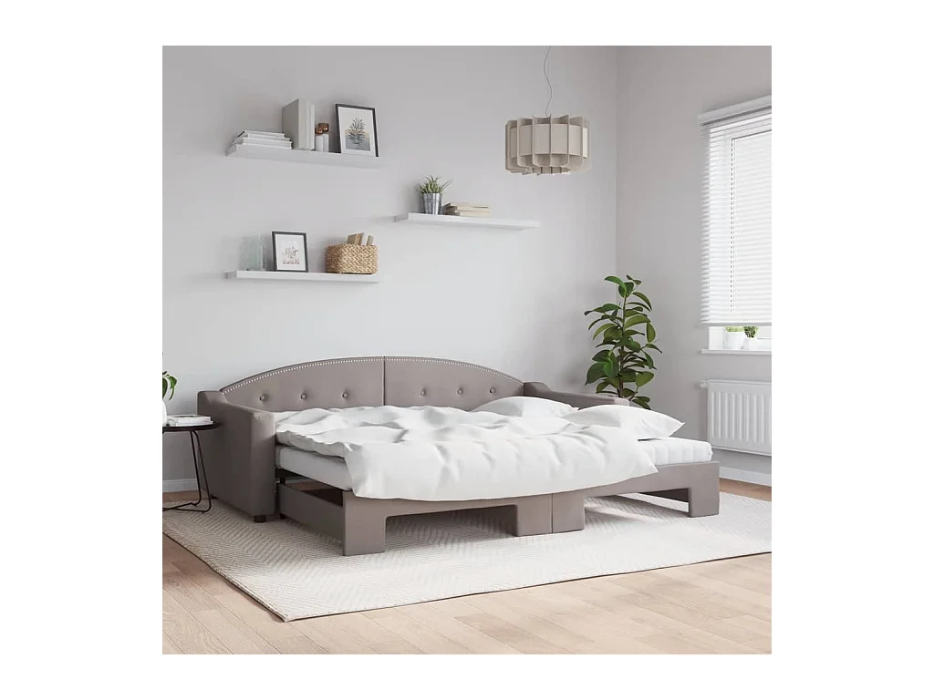Lit de jour avec gigogne et matelas taupe 90x200 cm tissu