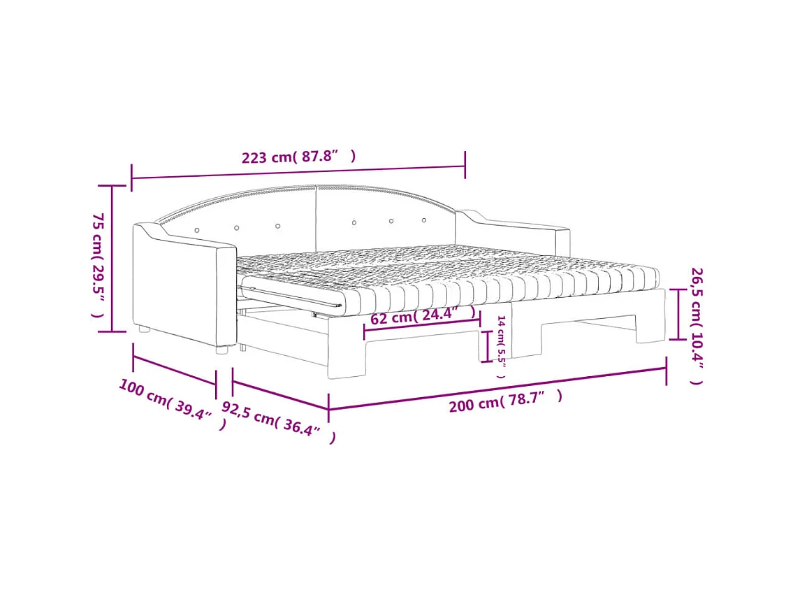 Lit de jour avec gigogne et matelas taupe 90x200 cm tissu