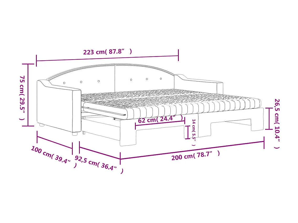 Lit de jour avec gigogne et matelas taupe 90x200 cm tissu