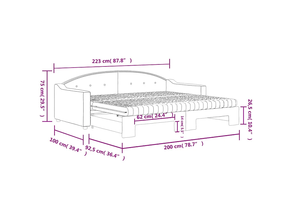 Lit de jour avec gigogne et matelas taupe 90x200 cm tissu