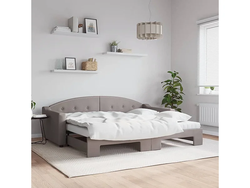 Lit de jour avec gigogne et matelas taupe 90x200 cm tissu