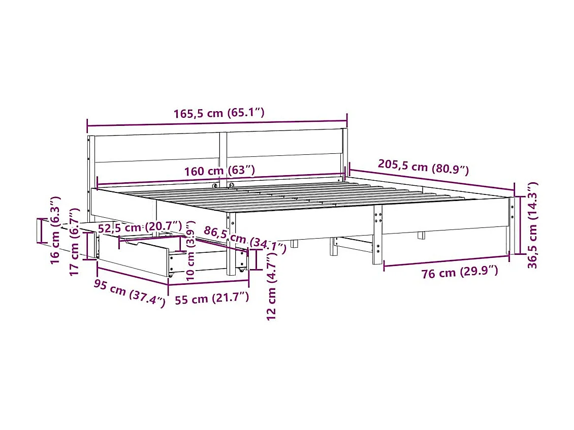 Cadre de lit sans matelas 160x200 cm bois massif de pin