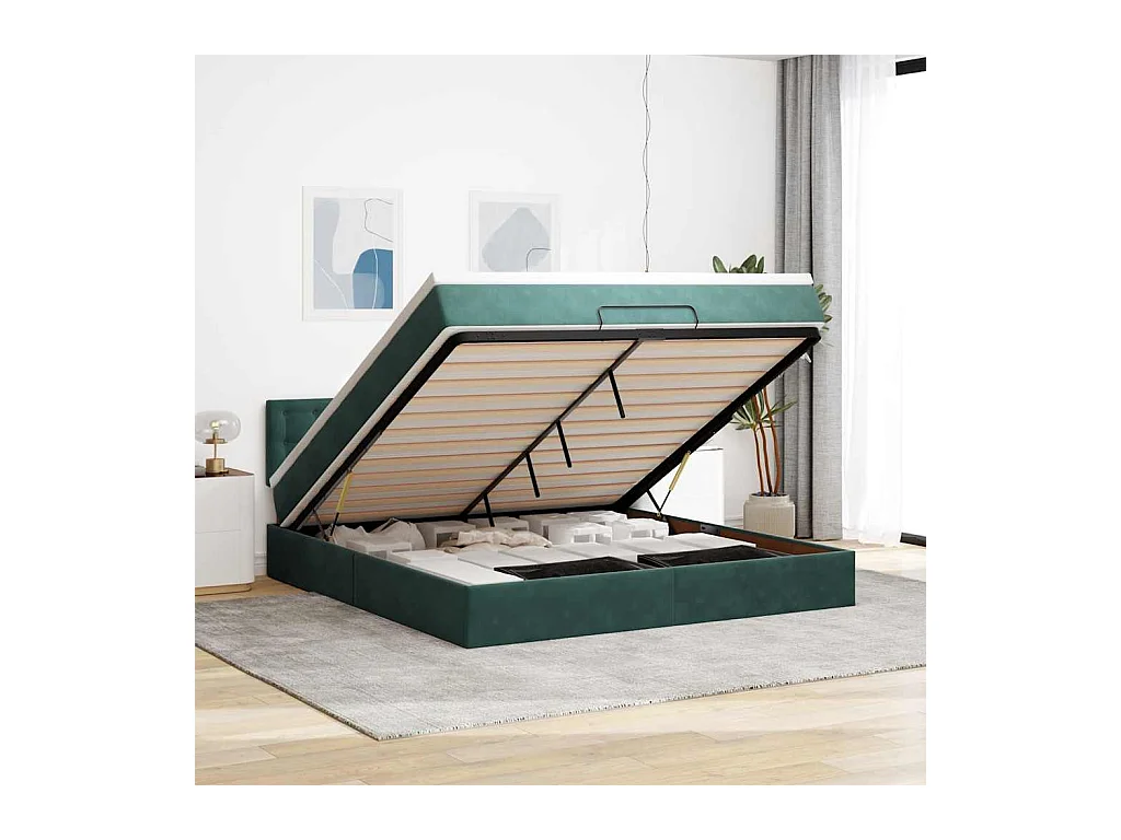 Cadre de lit ottoman avec matelas vert foncé 160x200 cm velours