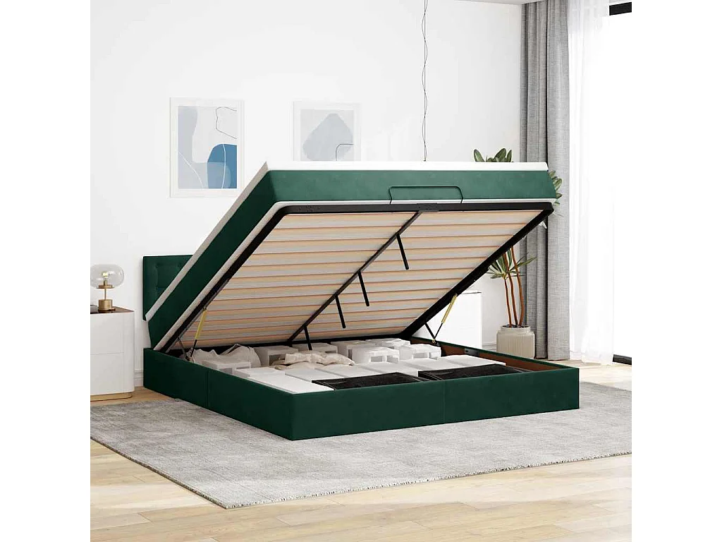 Cadre de lit ottoman avec matelas vert foncé 160x200 cm velours