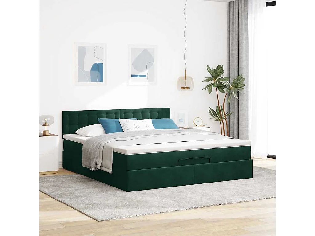 Cadre de lit ottoman avec matelas vert foncé 160x200 cm velours